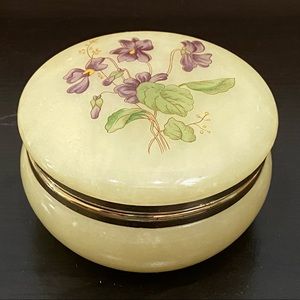 Vintage LEFTON Genuine Alabaster Floral Round Trinket Box